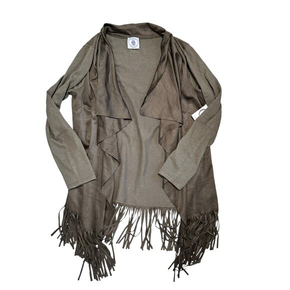 Muche et Muchette tan ultra suede soft knit fringes waterfall cardigan medium - Picture 1 of 6
